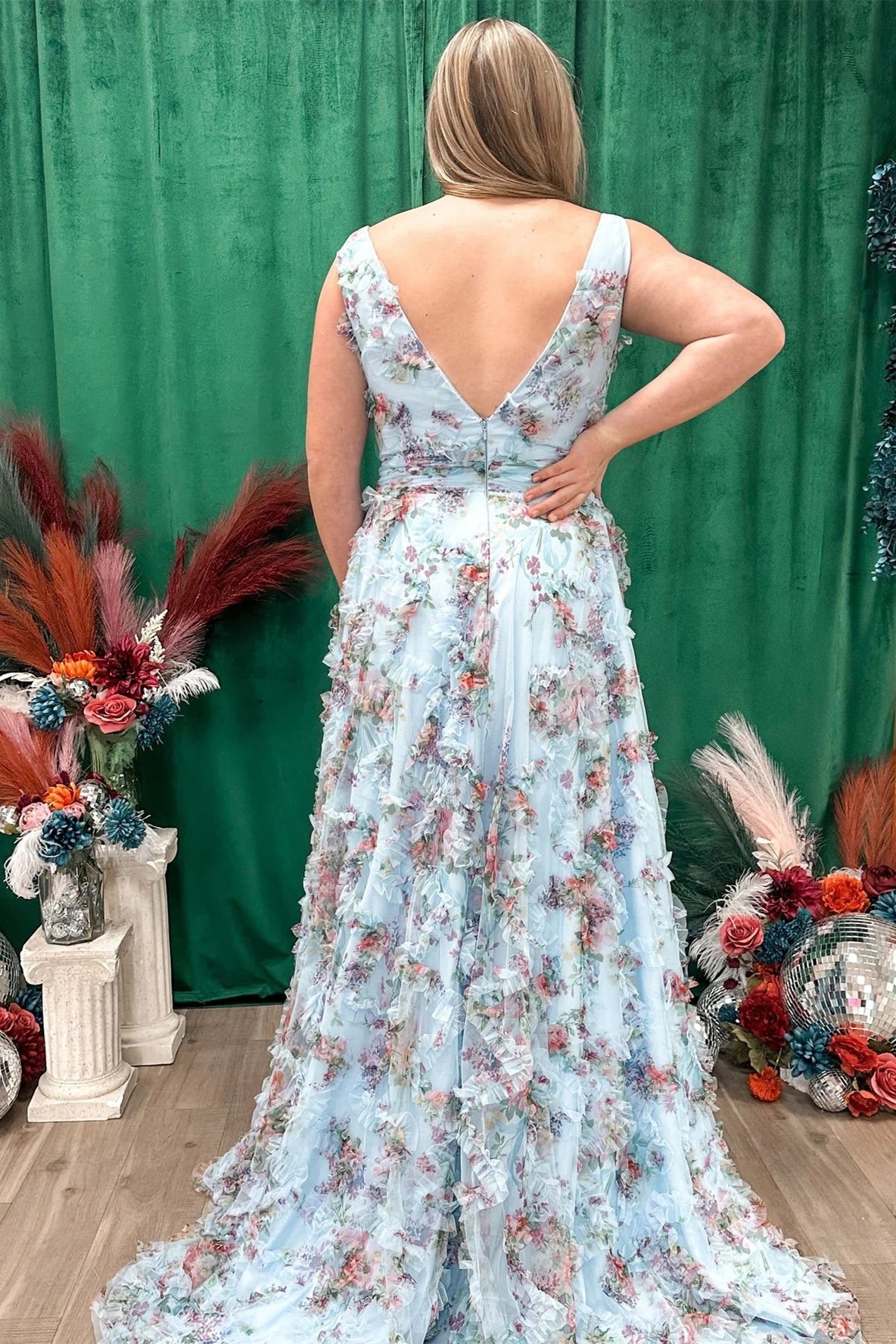 Robe Weitese A-line col en V fleurs volants robe longue sans manches imprimé fleurs robe de bal